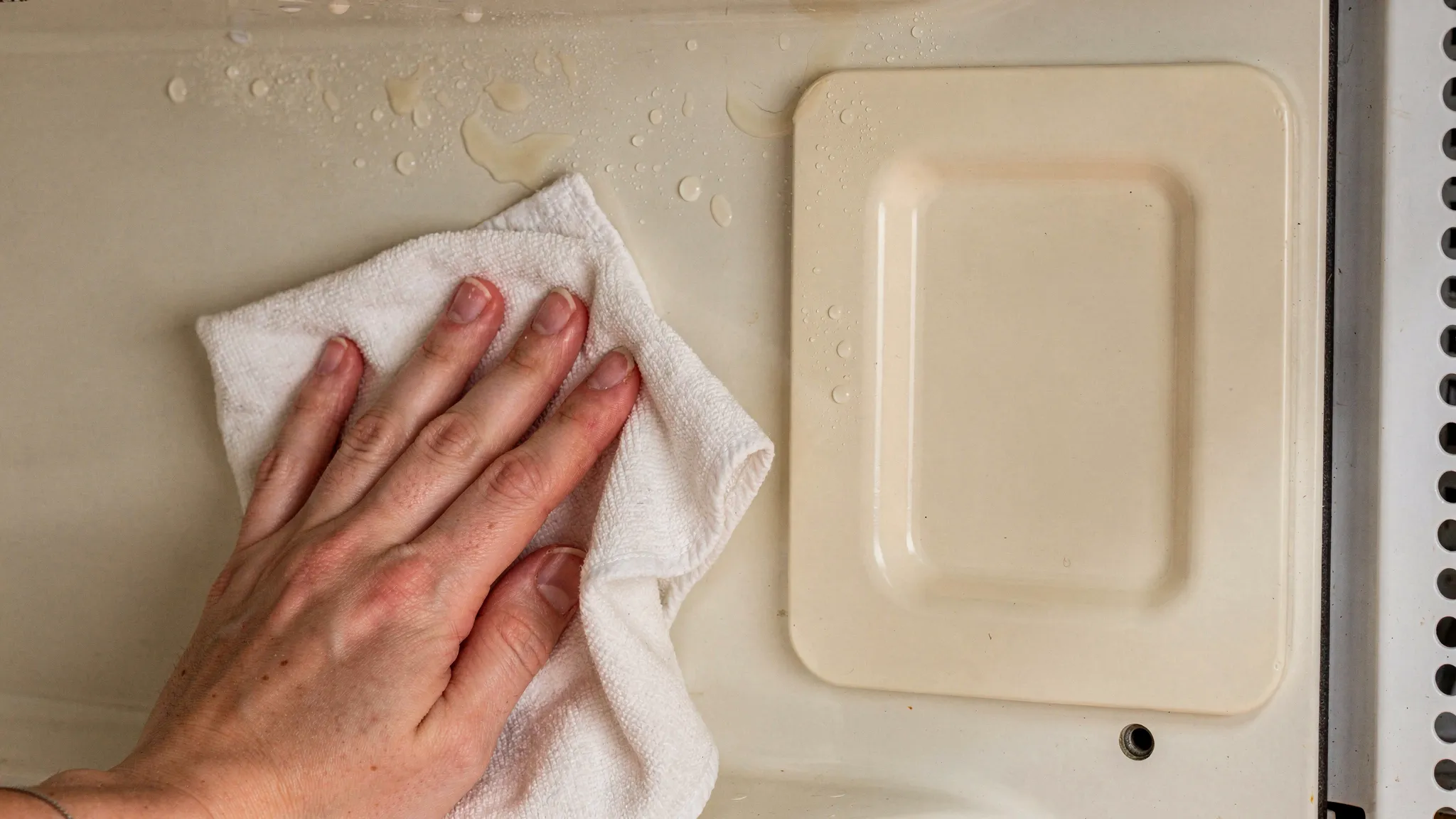 Close-up of the inside wall of a microwave showing a waveguide cover area, with light food splatter being wiped clean using a soft cloth and mild cleaner, no sparks or damage visible.