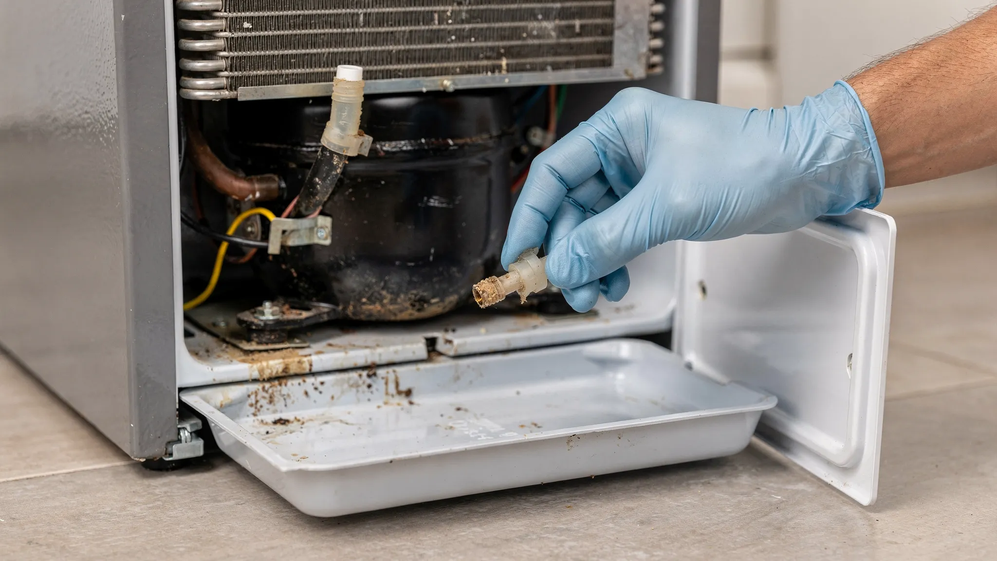 The back lower area of a refrigerator with the rear access panel removed, showing the drain pan and the end of the drain tube above it. A hand is gently removing and cleaning a small rubber duckbill grommet.