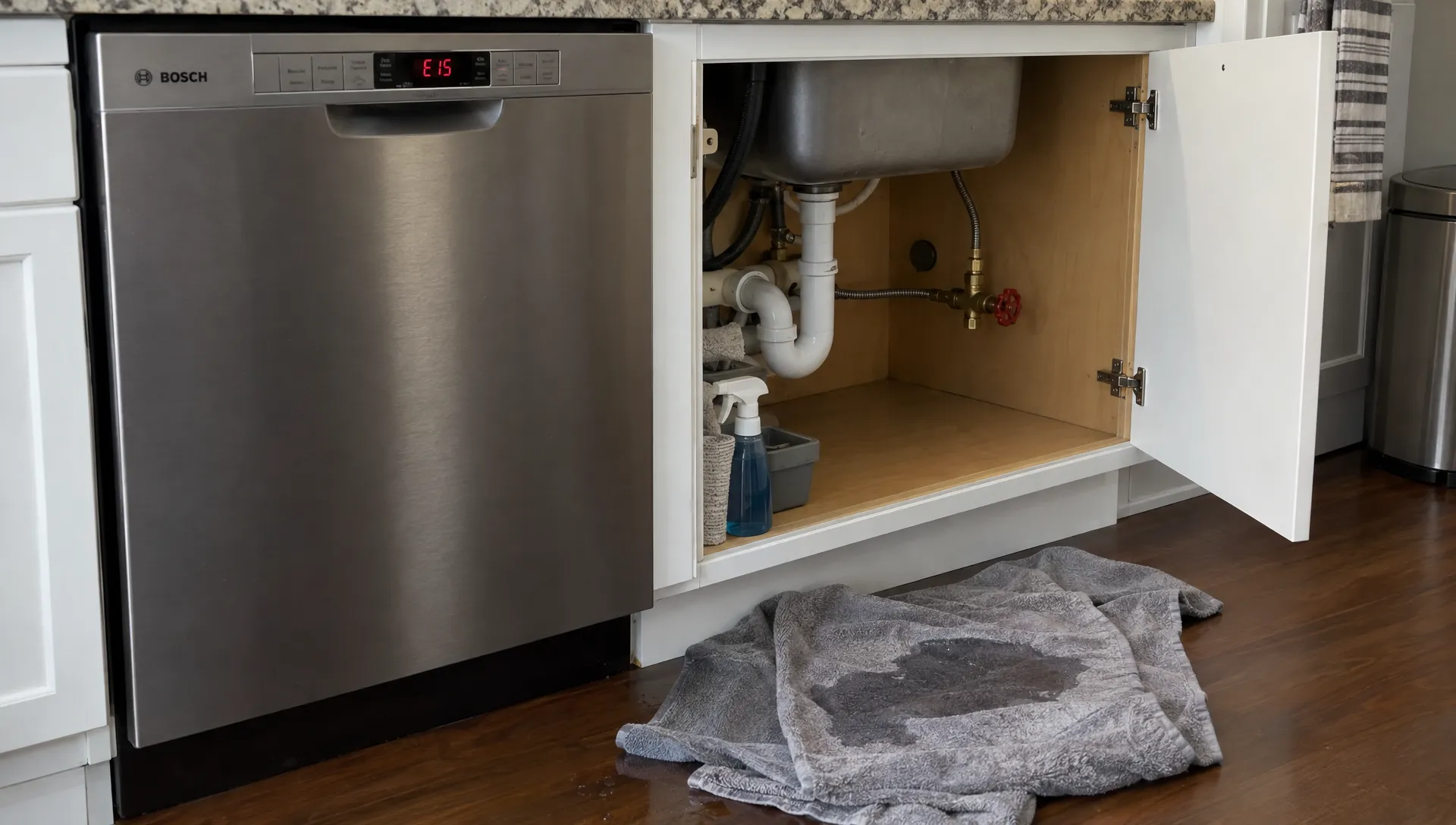 A Bosch dishwasher’s E15 display appears above towels containing a small puddle, with the accessible shutoff valve visible inside the open sink cabinet.