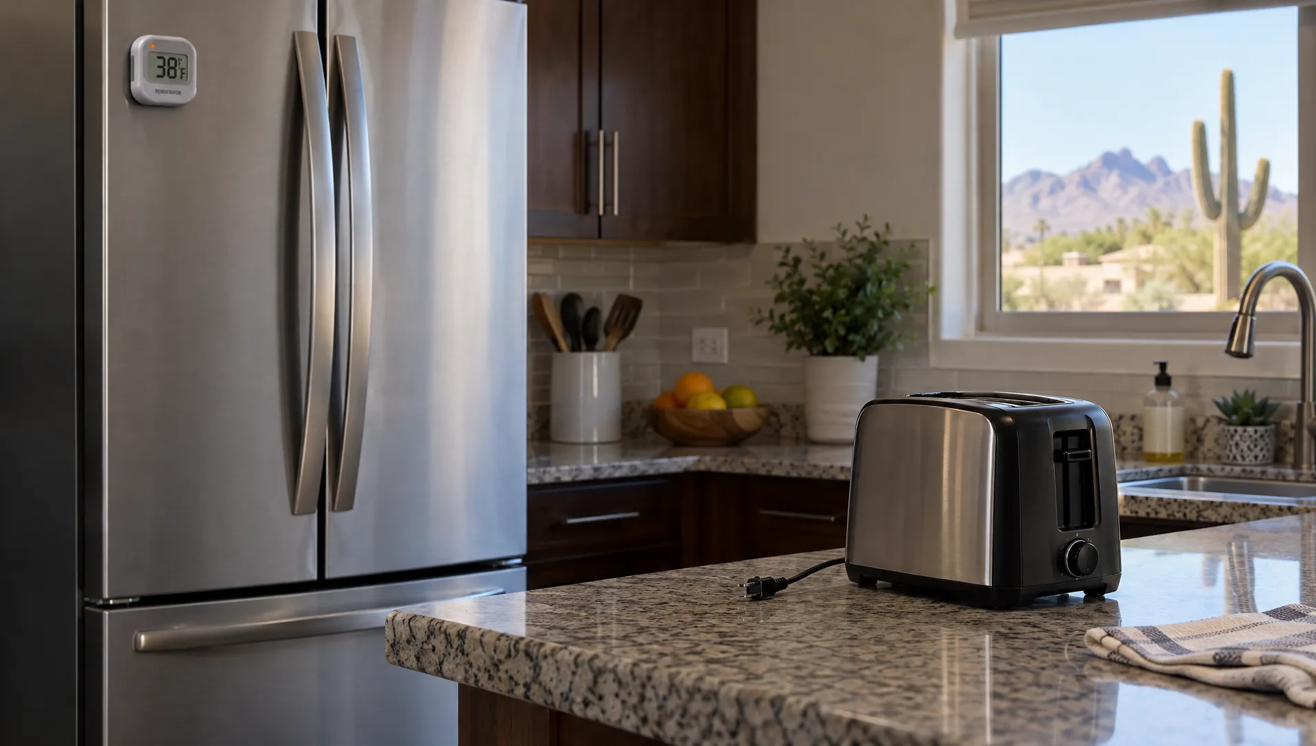 A closed refrigerator and appliance thermometer sit in a Phoenix kitchen while an unplugged countertop appliance rests safely away from the sink during a brownout.