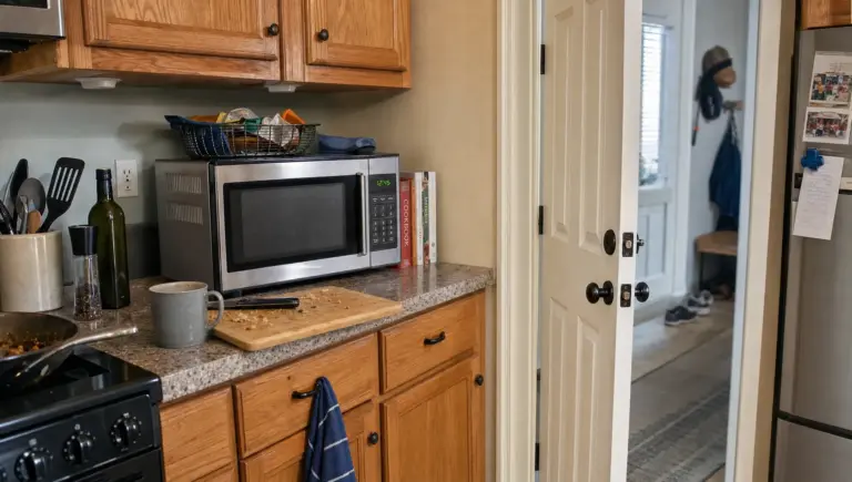A countertop microwave sits in a lived-in kitchen with its door slightly ajar after use.