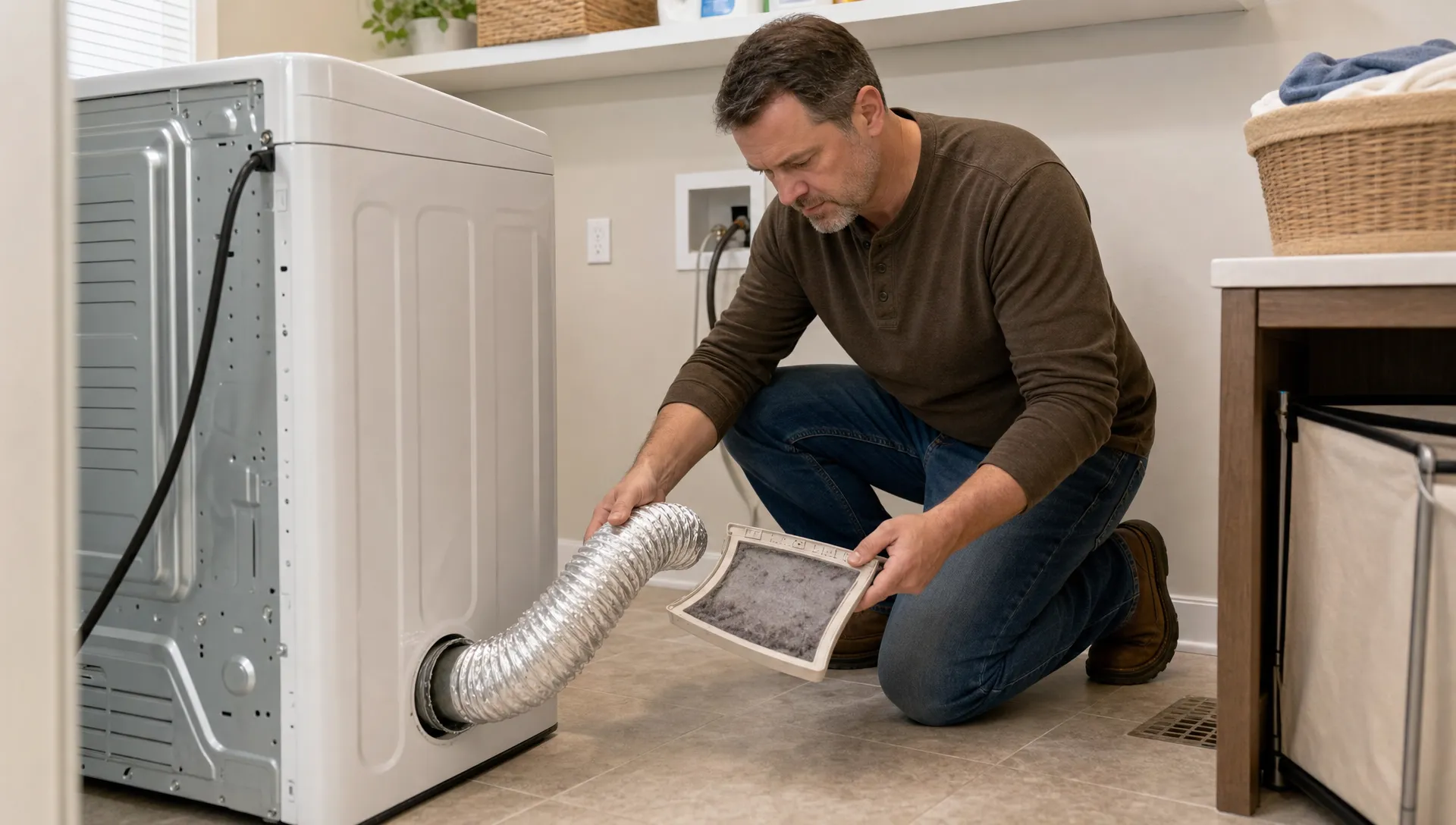 A dryer pulled away from the wall shows a homeowner checking the vent hose and lint screen in a laundry room.