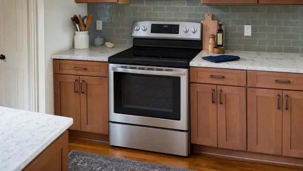 A freestanding electric stove sits in a real kitchen with the cooktop and nearby outlet visible.