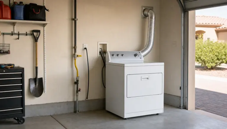 A gas dryer sits in a Phoenix garage laundry nook with the vent path and shutoff valve visible.
