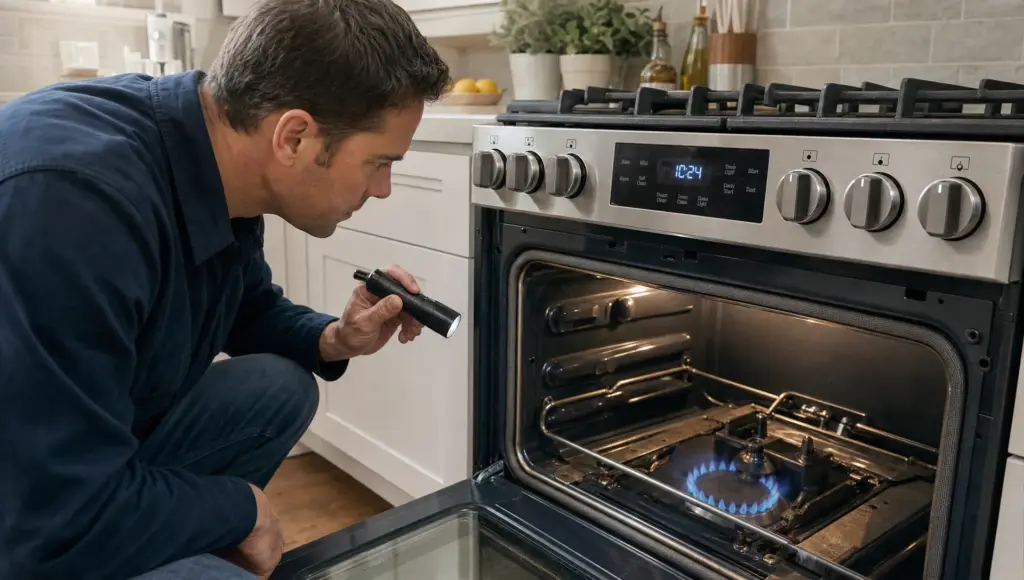 A homeowner checks an open gas oven while watching the burner area for a weak ignition problem.