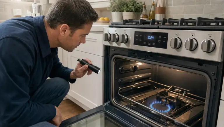 A homeowner checks an open gas oven while watching the burner area for a weak ignition problem.