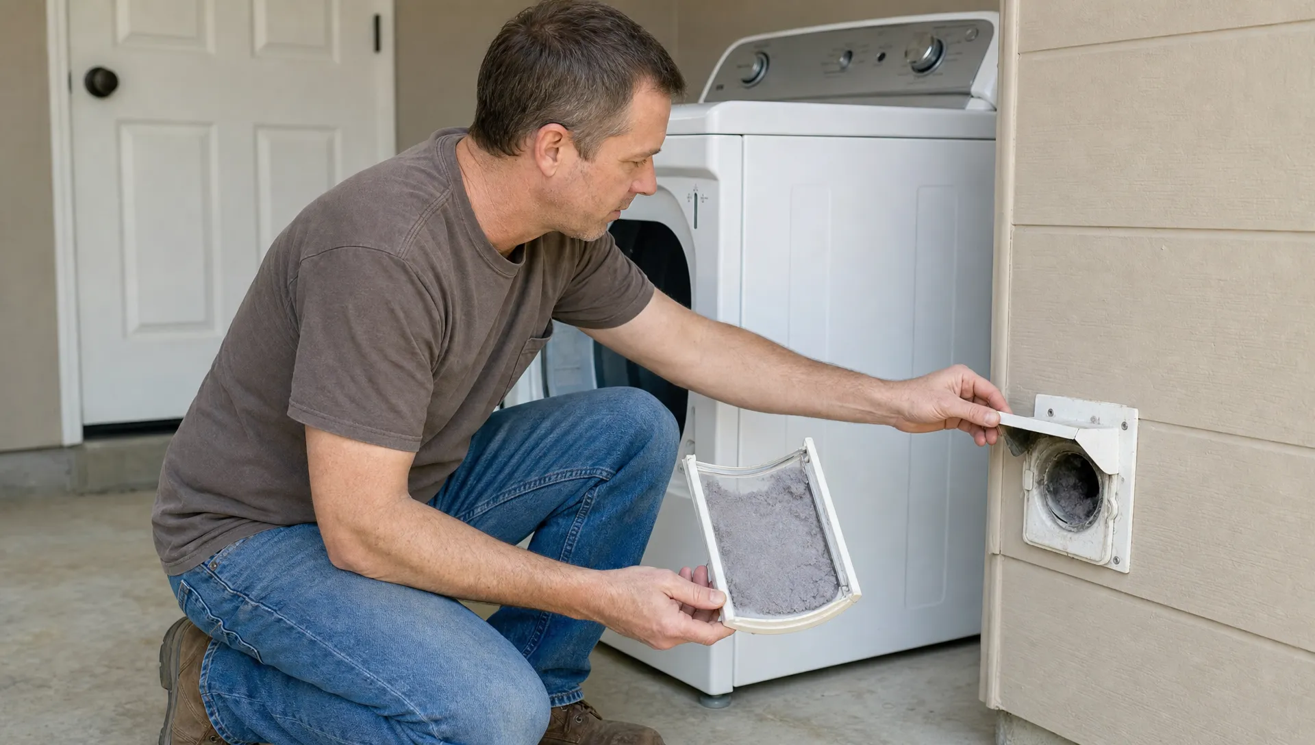 A homeowner checks the lint screen and exterior vent on a gas dryer that is not heating, with the laundry area kept clear.