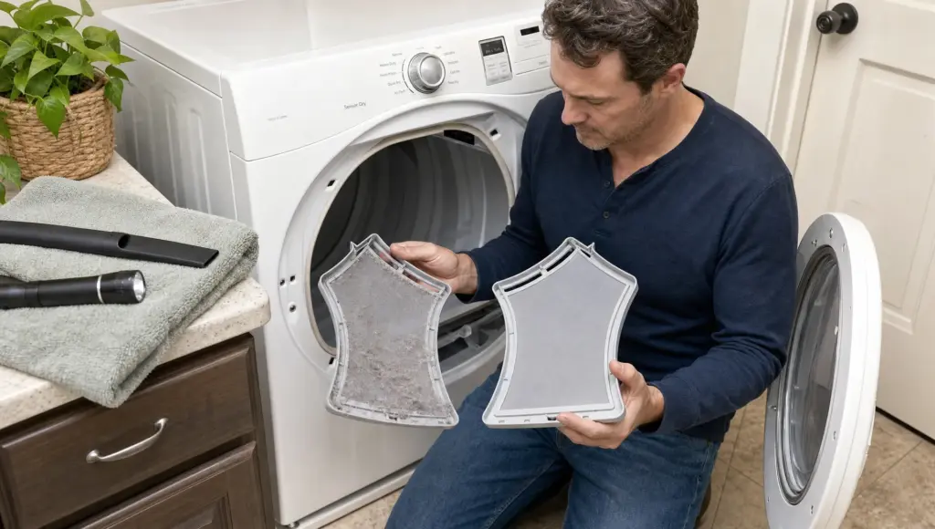 A homeowner compares an old dryer lint screen with a replacement beside an open dryer.