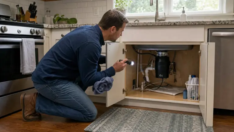 A homeowner kneels by an open sink cabinet and inspects a leaking garbage disposal with a flashlight.