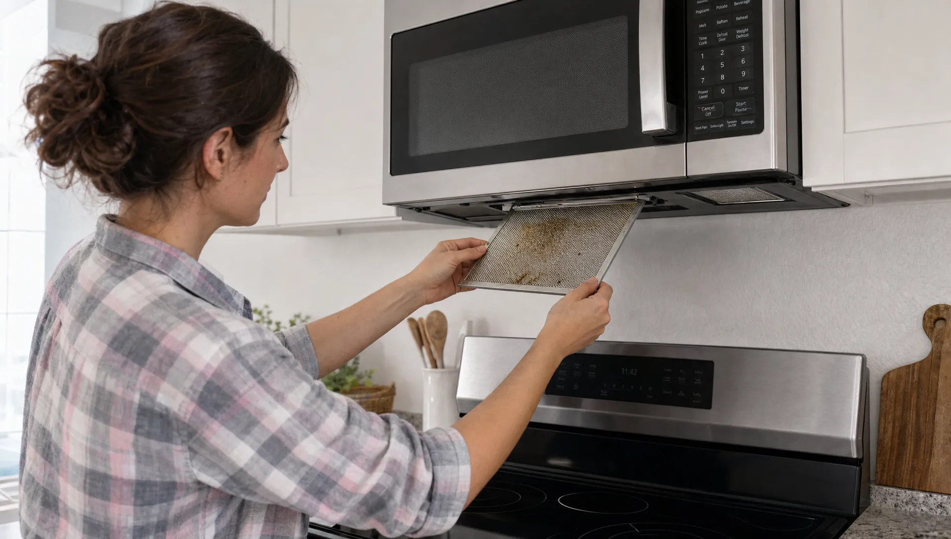 A homeowner slides a greasy metal mesh filter out from the underside of an over-the-range microwave for cleaning, with the stovetop turned off and cool.