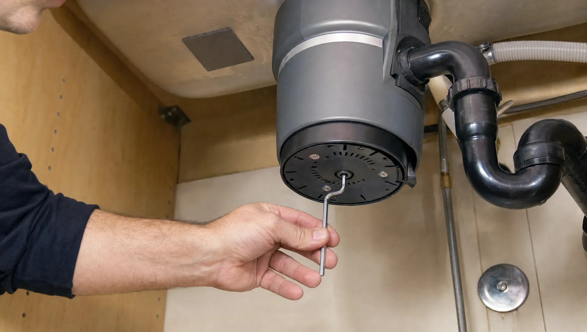 A homeowner uses a hex wrench on the bottom of a garbage disposal under a sink to free a jammed flywheel.