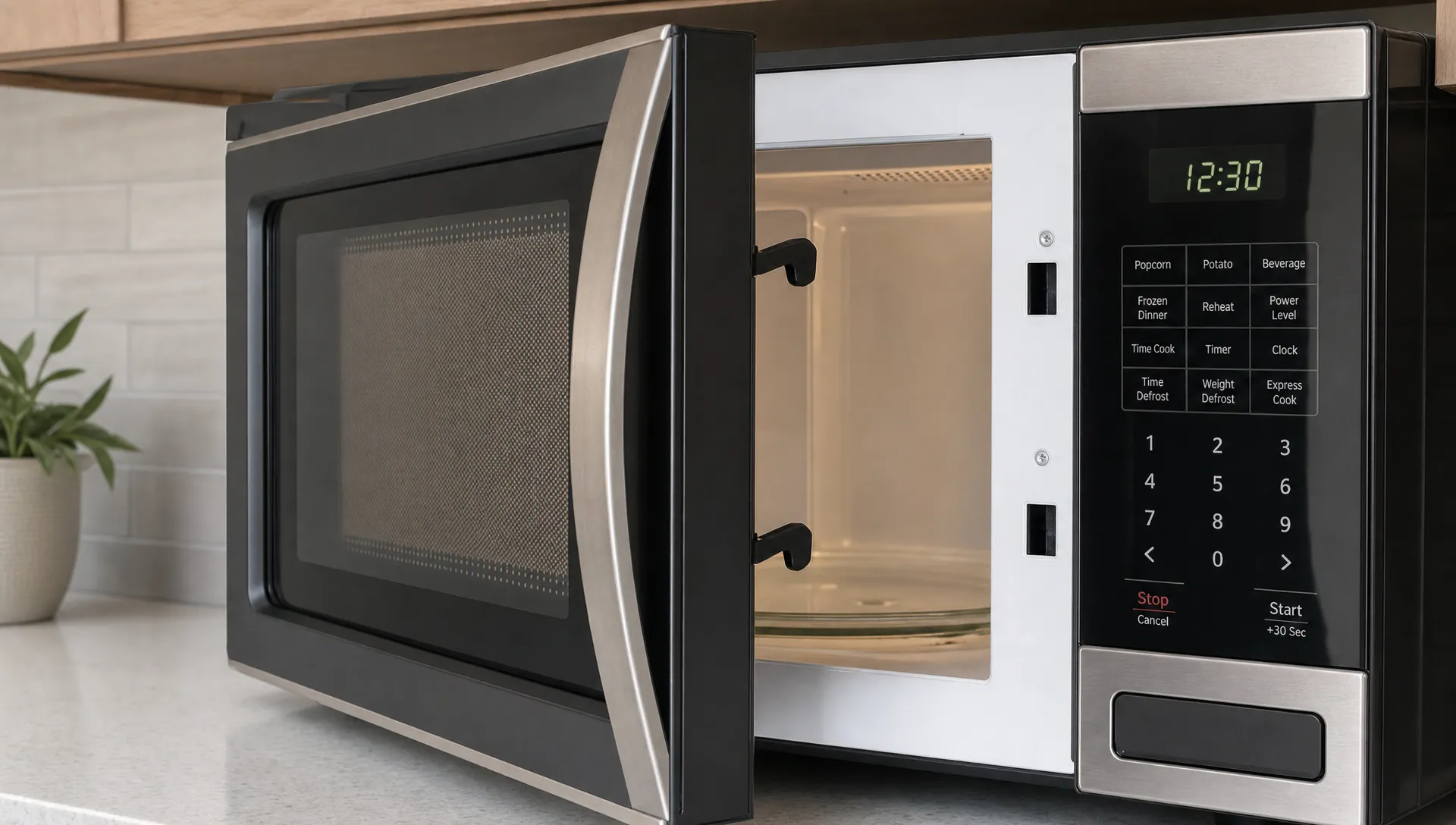 A kitchen microwave door sits slightly popped open, showing the latch hooks and latch openings on the front frame.