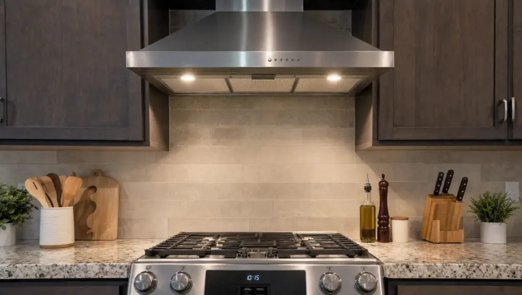 A kitchen range hood above the stove sits in a lived-in Phoenix kitchen where the lights won’t turn on.