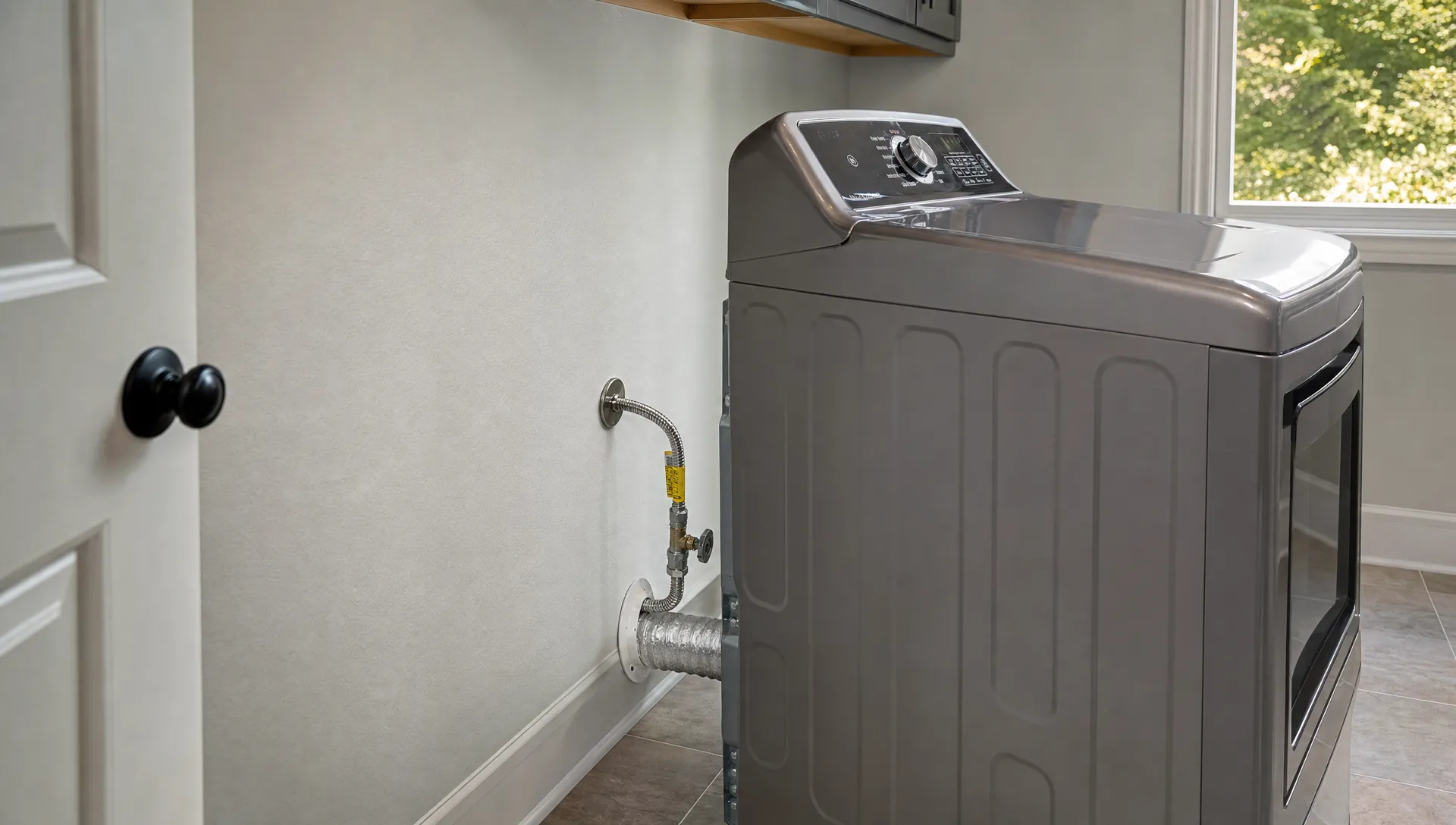 A laundry room shows a gas dryer pulled slightly from the wall with the shutoff valve and flexible connector visible for inspection.