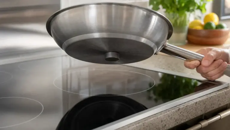 A magnet sticks to the bottom of a pan above an induction cooktop, showing a simple cookware compatibility test.