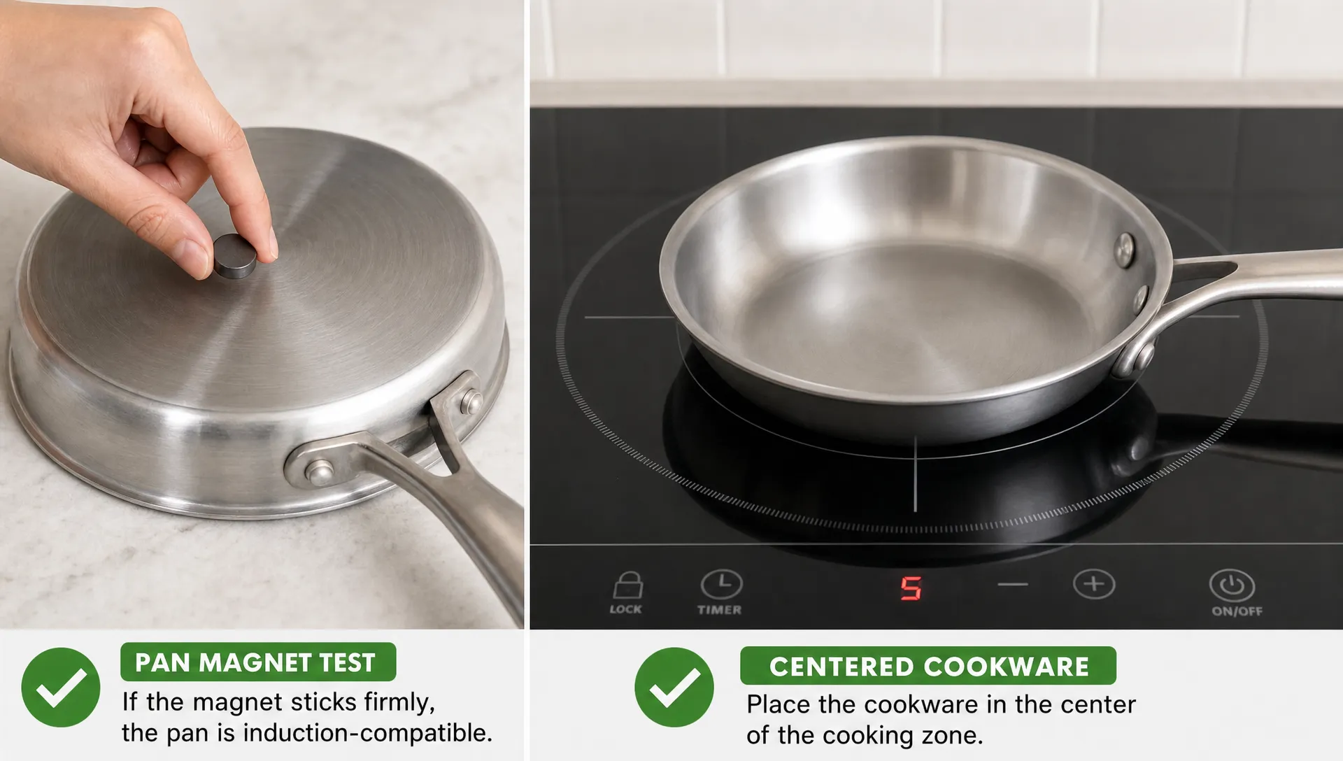 A pan magnet test and centered cookware on an induction cooktop show the first troubleshooting steps.