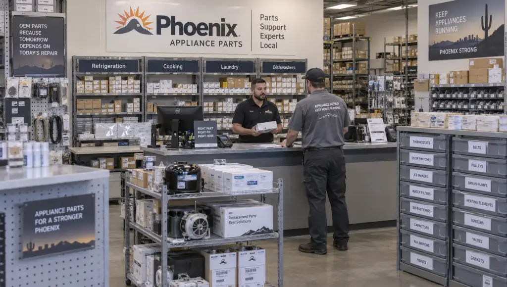 A Phoenix parts counter displays shelves of appliance components as a technician discusses replacement options with an employee.