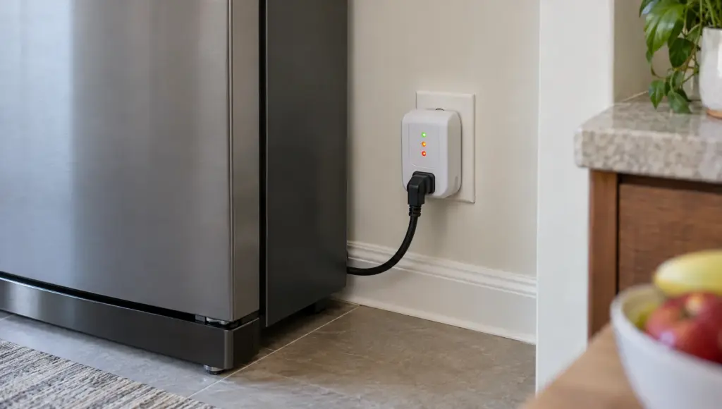 A refrigerator voltage-protection device sits at the wall outlet beside the appliance, ready to disconnect power during low voltage.