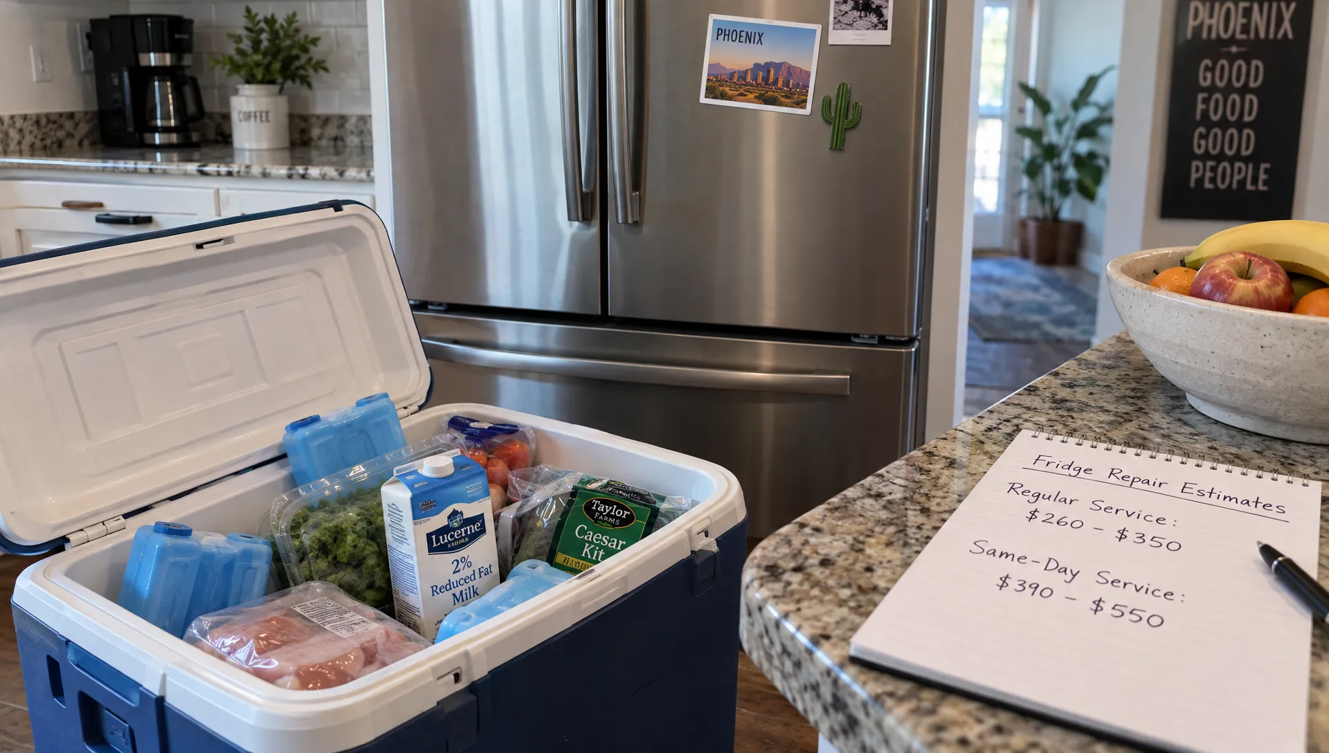 An open insulated cooler with groceries and ice packs sits beside a Phoenix kitchen refrigerator, with handwritten estimates comparing regular and same-day repair costs on the counter.