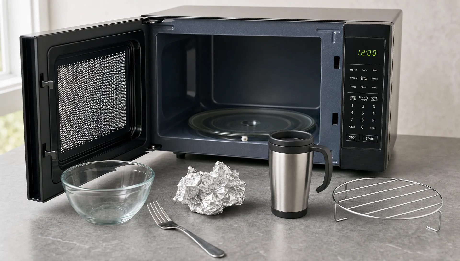 An open microwave sits beside a glass bowl, fork, crumpled foil, a travel mug, and a microwave rack for safety comparison.