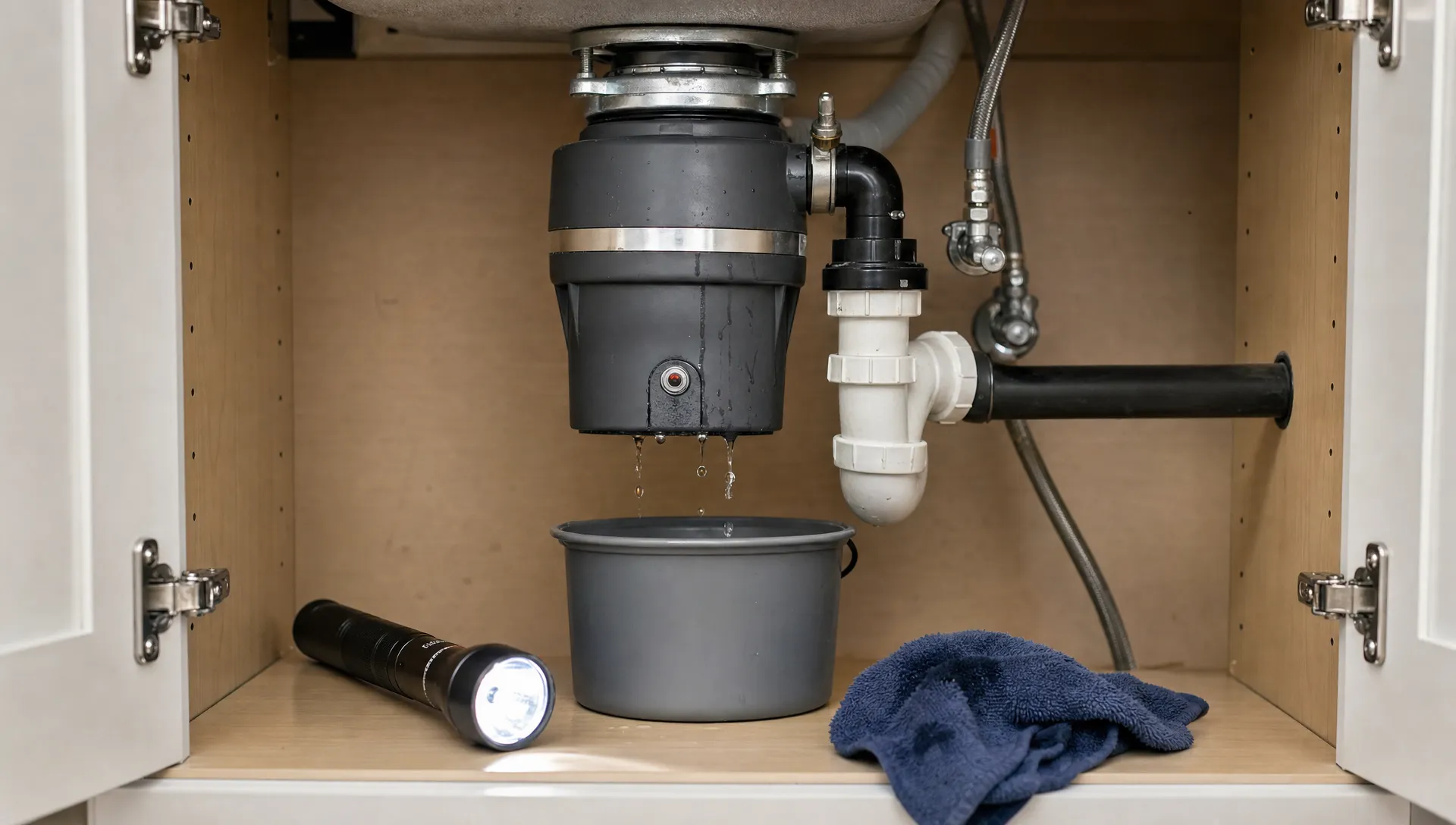 An open sink cabinet shows a garbage disposal leaking near the reset button, with a flashlight, towel and small bucket underneath.