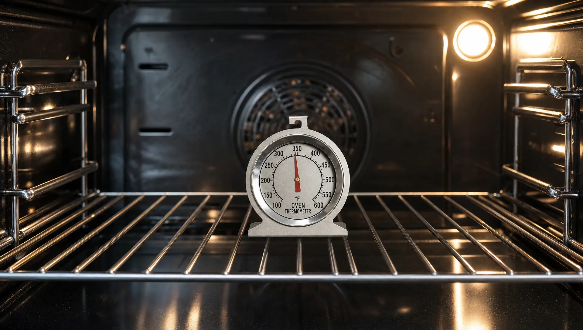 An oven thermometer sits on the center rack inside a home oven during a temperature check.
