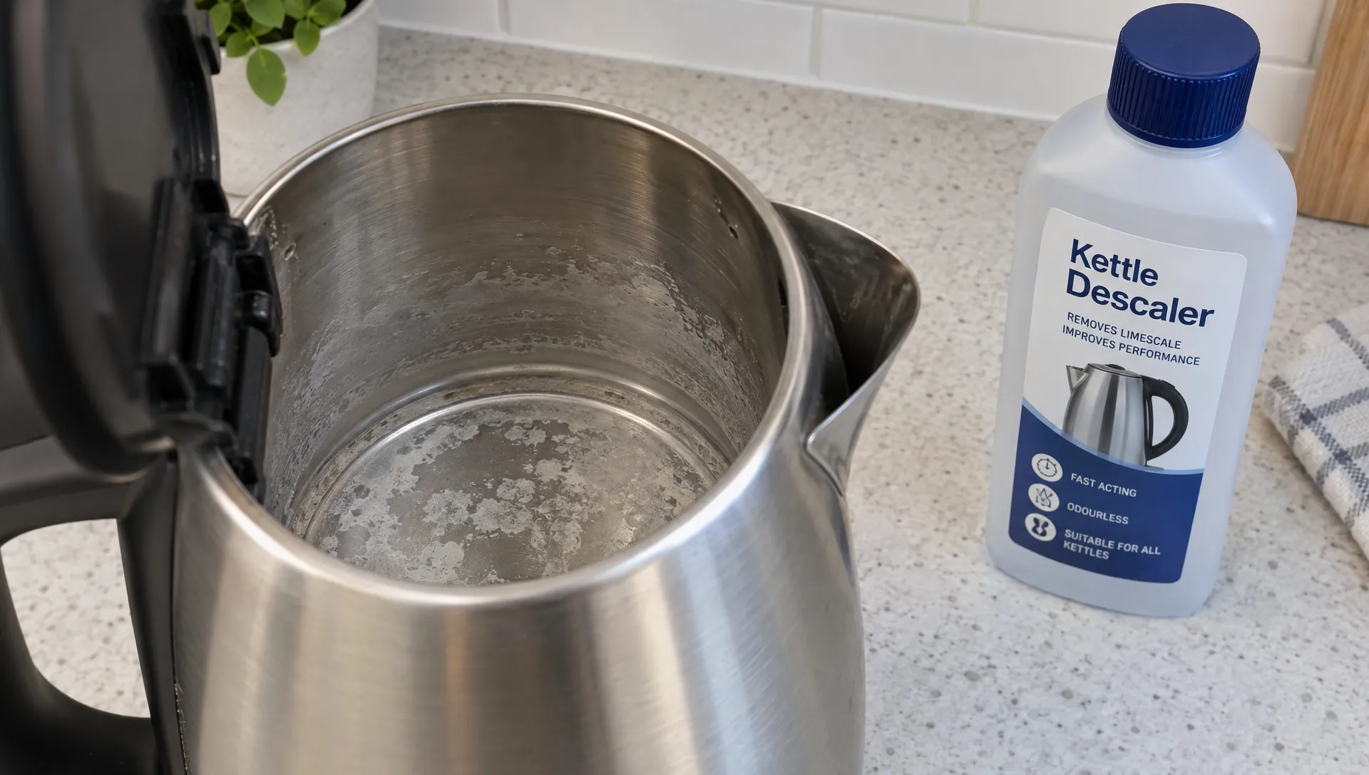 Chalky mineral deposits cover the bottom of an open stainless-steel kettle, with an approved descaler on the kitchen counter beside it.