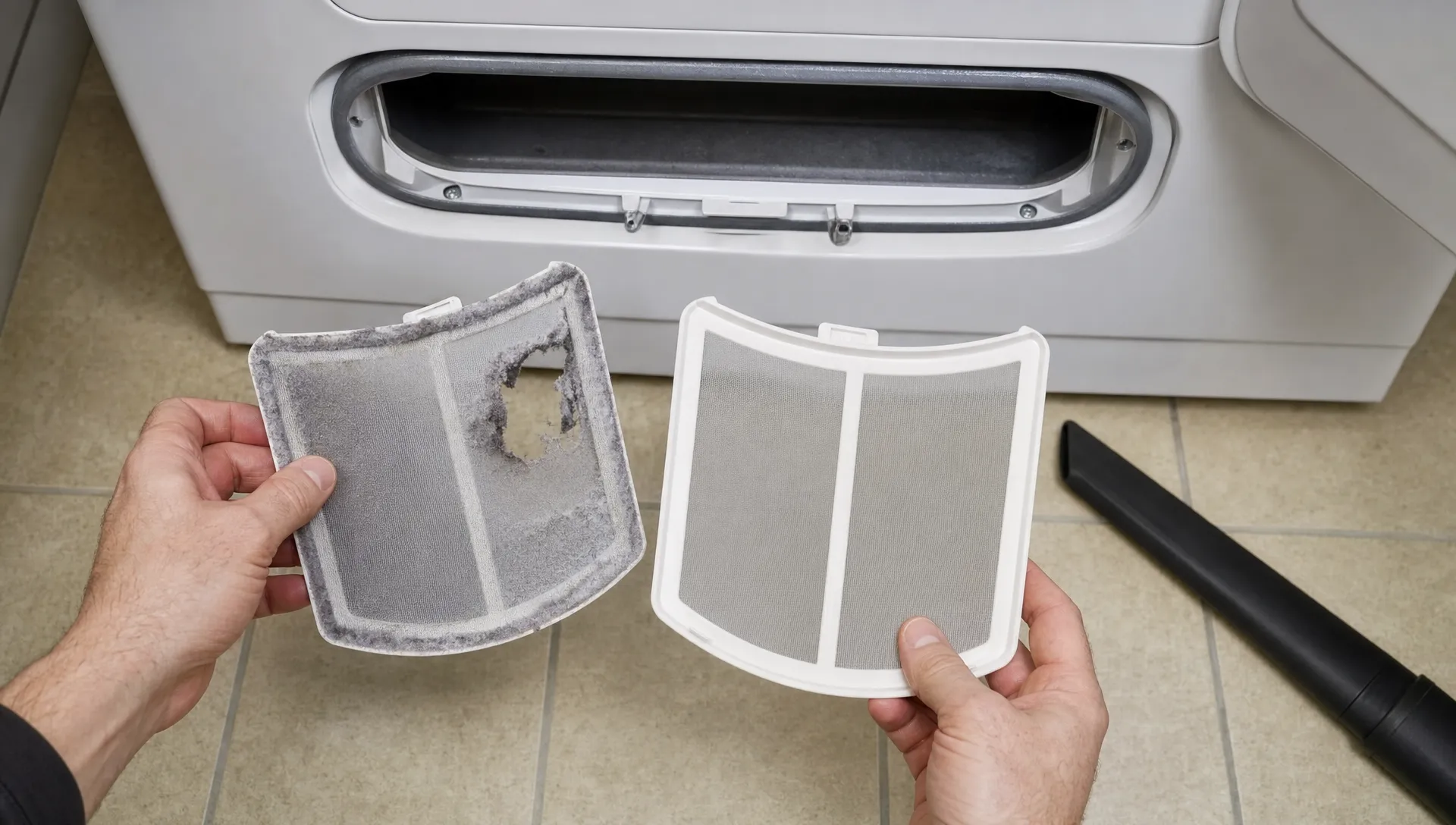 Hands compare a damaged dryer lint screen with a replacement beside the open filter opening and a vacuum crevice tool.