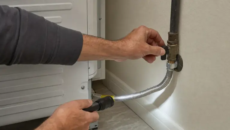 Hands inspect the shutoff valve and gas connector beside a dryer during a leak check.