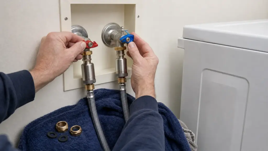Hands install water hammer arrestors on washer supply lines to stop banging pipes.