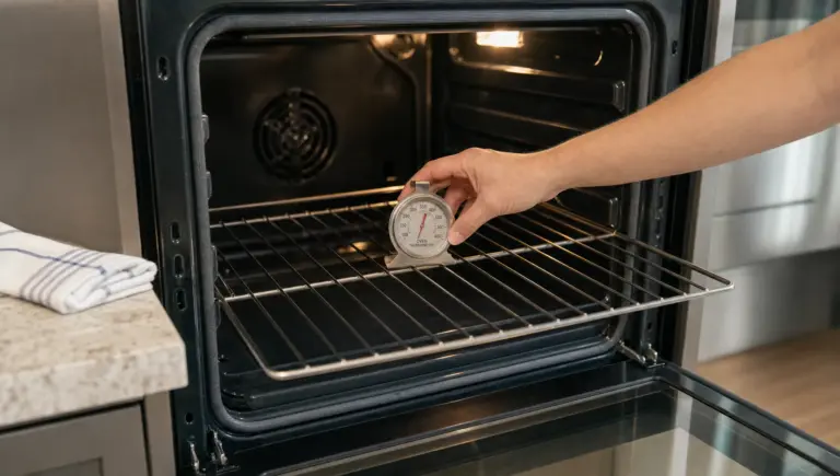 Hands place an oven thermometer on the center rack to test oven temperature.