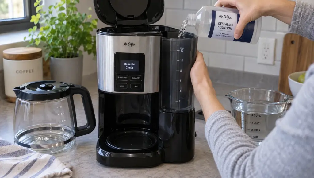 Hands prepare a coffee maker's approved descaling cycle, with its reservoir, carafe and controls visible on the counter.