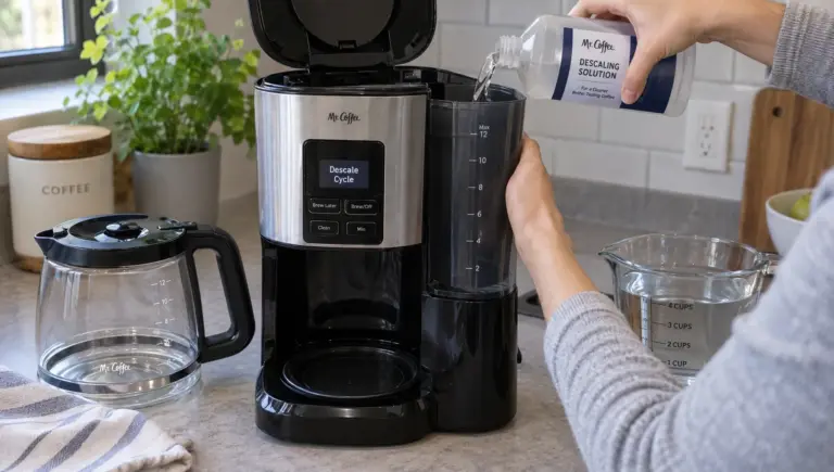 Hands prepare a coffee maker's approved descaling cycle, with its reservoir, carafe and controls visible on the counter.