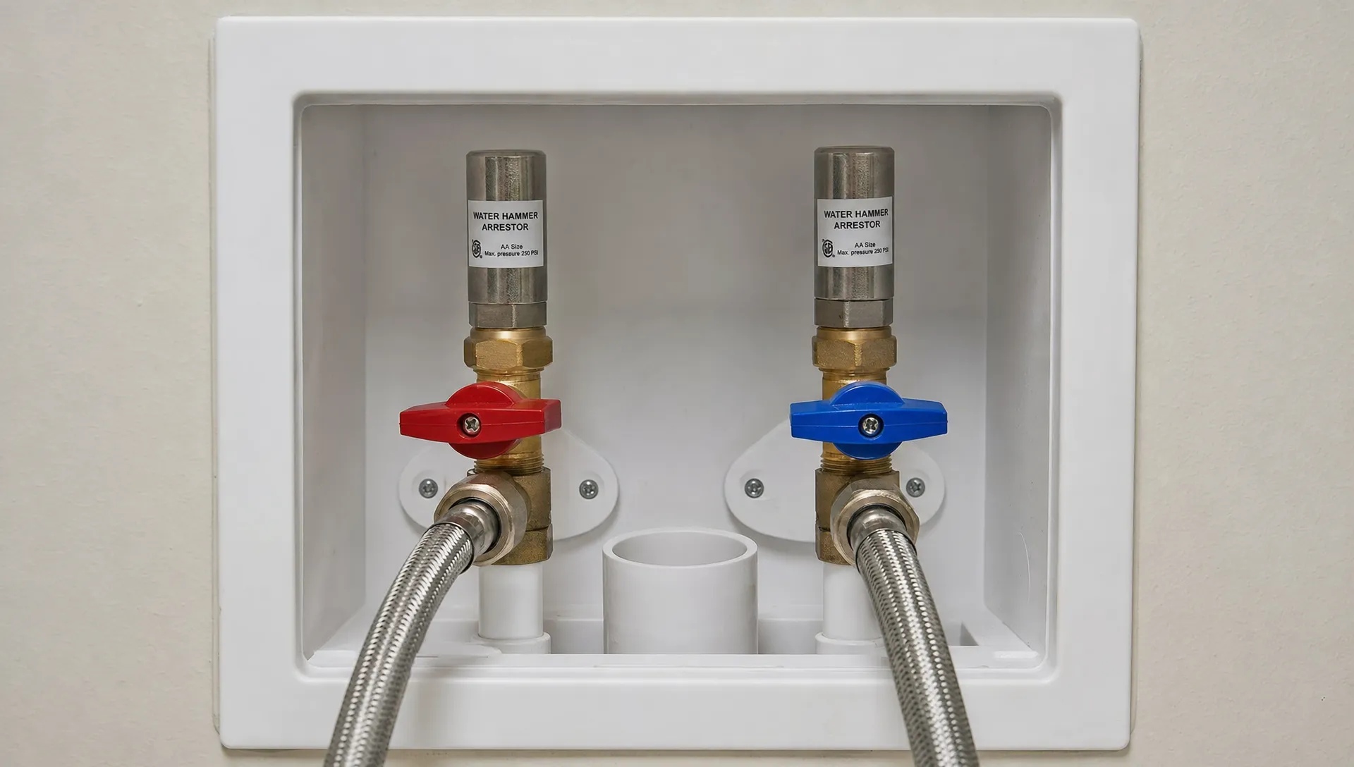 Hot and cold washer valves, braided hoses, and compact water hammer arrestors are installed in a laundry room wall box.