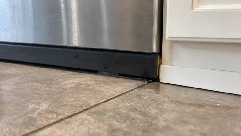 Moisture appears at the lower edge of an installed Bosch dishwasher, the kind of leak that may trigger its E15 protection system.