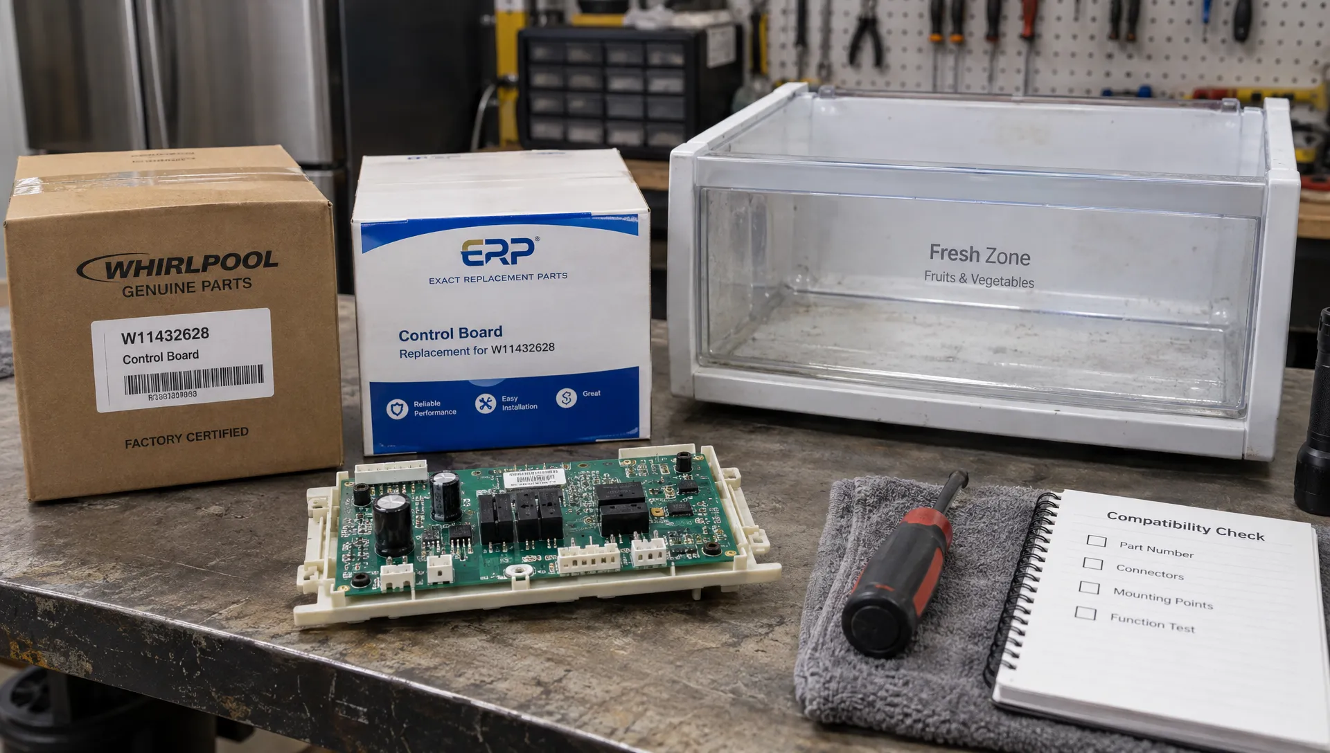 Packaged OEM and aftermarket replacements sit beside a used control board and refrigerator drawer on a parts workbench, ready for a compatibility check.