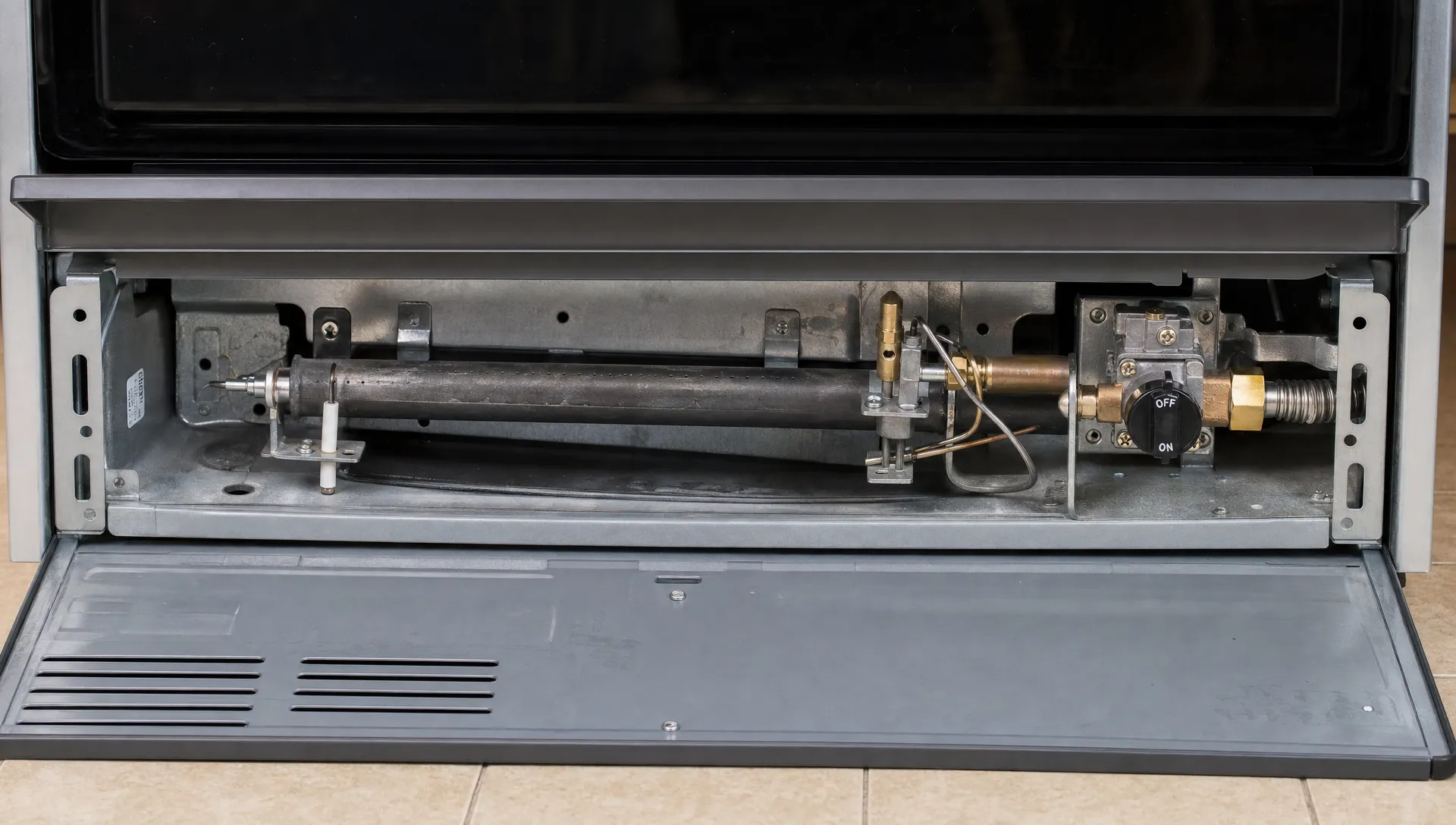 The open lower compartment of a gas oven shows the burner tube, igniter, pilot assembly and gas shutoff area for identification.